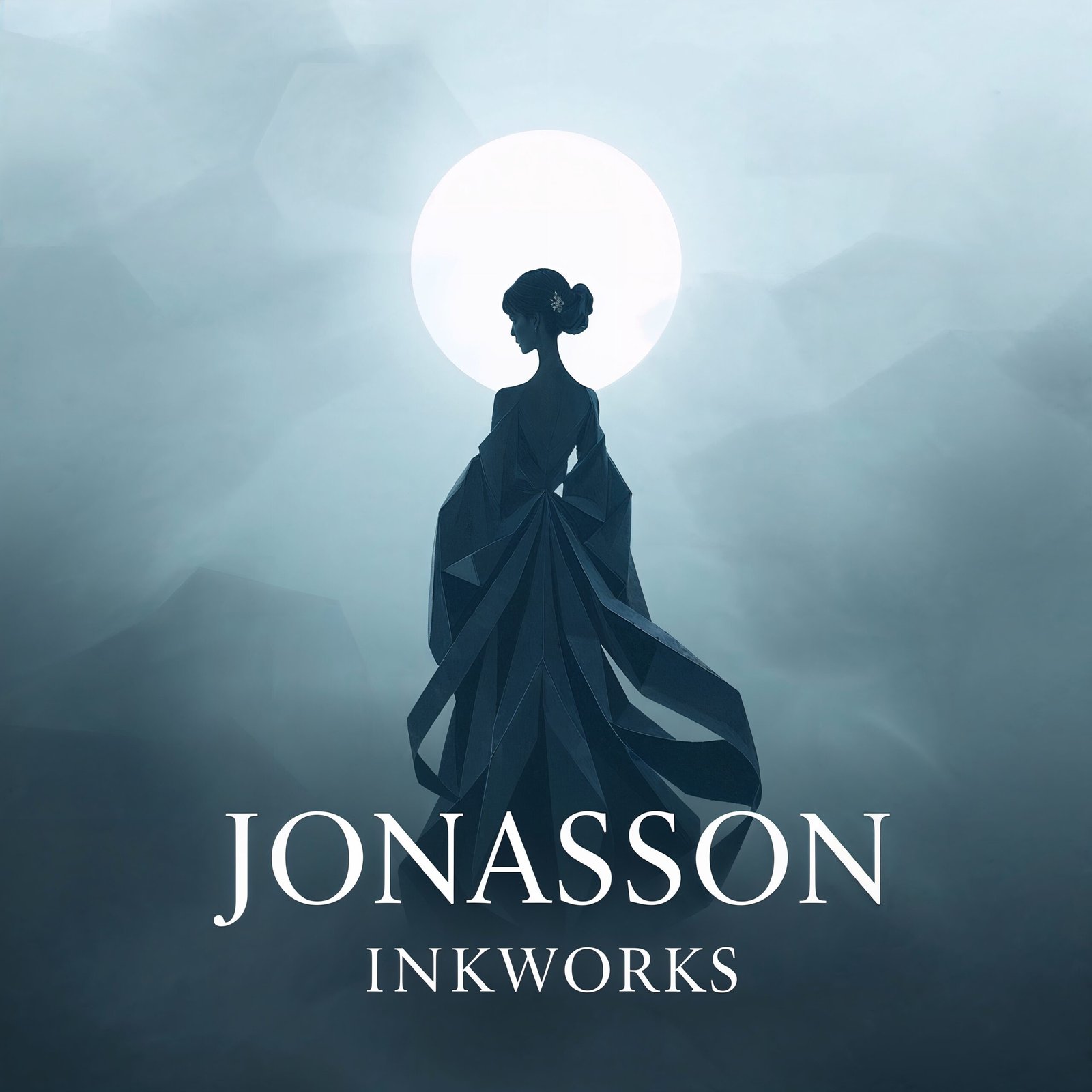 Intricate origami-style illustration JONASSON INKWORKS logo in a sophisticated serif typeface. Elegant feminine silhouette, flowing garments, backlit against a pale moon.